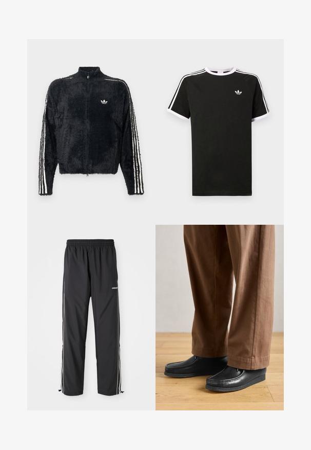 Schwarze, flauschige Jacke mit hohem Kragen, durchgehendem Reißverschluss und weißen drei Streifen Akzenten an den Ärmeln. Besitzt ein kleines Logo auf der Brust.; Schwarzes T-Shirt aus Baumwolle mit weißen Akzenten. Hat kurze Ärmel, ein Raglan-Design und ein kleines Logo auf der Brust. Drei weiße Streifen auf den Schultern.; Schwarze Sporthose aus leichtem Material, mit weißen Seitenstreifen, einem elastischen Bund und verstellbaren Knöchelbündchen.; Schwarze Lederschuhe im Mokassinstil mit genähten Details, kombiniert mit braunen Hosen, auf einem Holzboden.