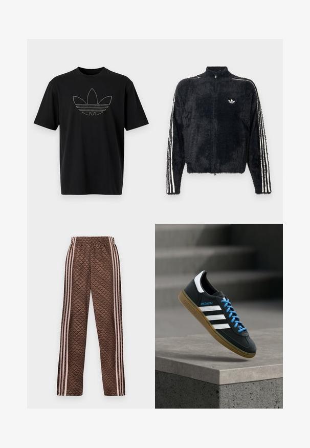 Schwarze, flauschige Jacke mit hohem Kragen, durchgehendem Reißverschluss und weißen drei Streifen Akzenten an den Ärmeln. Besitzt ein kleines Logo auf der Brust.; Schwarzes Baumwoll-T-Shirt mit einem großen, umrissenen Adidas-Logo aus reflektierendem Material auf der Vorderseite. Mit kurzen Ärmeln.; Braune Jogginghose mit hellrosa vertikalen Streifen an den Seiten und einem sich wiederholenden Blattmuster überall, elastischer Bund, gerade Beinform.; Schwarzer Adidas-Sneaker mit weißen Streifen, blauen Schnürsenkeln und Gummisohle, der über einer grauen Betontreppe im weichen Licht schwebt.