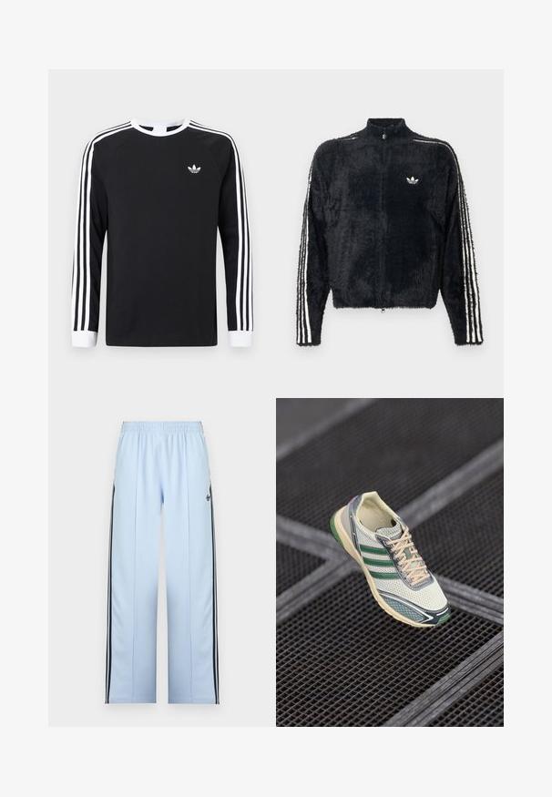 Sort, fuzzy jakke med høj krave, fuld lynlås og hvide tre-stribe accenter på ærmerne. Har et lille logo på brystet.; Sort langærmet T-shirt med hvidt trestribet design på ærmerne. Har rund halsudskæring og et lille hvidt logo på brystet.; Lyseblå træningsbukser med elastisk taljebånd, sorte sidelister og lille sort Adidas-logo på venstre lår.; Hvide og grønne mesh sneakers med beige snørebånd, svævende over et mørkt metalristegulv.
