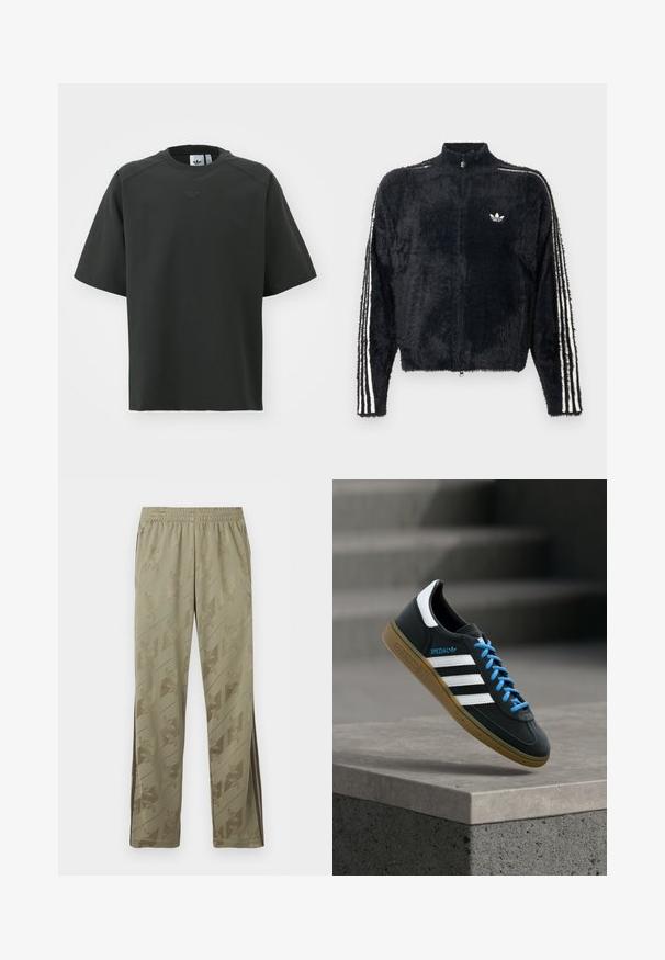 Sort, fuzzy jakke med høj krave, fuld lynlås og hvide tre-stribe accenter på ærmerne. Har et lille logo på brystet.; Sort kortærmet t-shirt lavet af glat stof. Har en rund halsudskæring, præget logo på brystet og mesh-detaljer på ærmerne.; Lyse olivengrønne træningsbukser med subtile diagonale logomønstre, elastisk taljebånd, sidelommer og mørke sidestreger.; Sort Adidas sneaker med hvide striber, blå snørebånd og gummisål, der svæver over gråt betontrin i blødt lys.