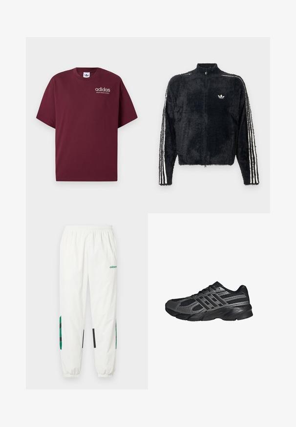 Chaqueta negra y peluda con alto cuello, cremallera completa y acentos en blanco con tres rayas en las mangas. Presenta un pequeño logo en el pecho.; Camiseta de manga corta burdeos hecha de algodón. Presenta un cuello redondo y un pequeño logo blanco de "adidas" con "SPORT DESIGN STUDIO" debajo.; Pantalones deportivos blancos hechos de material ligero, con detalles verdes y negros en los laterales, con cinturilla y puños elásticos.; Zapatillas deportivas negras hechas de malla y materiales sintéticos, que presentan una superficie texturizada, múltiples rayas grises y un collar acolchado.