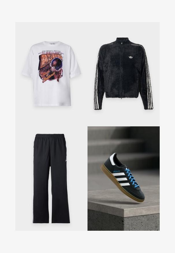 Musthave, karvane jope kõrge kraega, täieliku lukuga ja valgete kolme triibu aktsentidega varrukatel. Sisel oma väikese logoga rinnal.; Valge puuvillane t-särk lühikeste varrukatega, millel on mitmevärviline graafiline trükk jalgpallimütsist ja tekst "1972 MAAILMA MEISTRID."; Mustas sportlikud püksid, mis on valmistatud venivast kangast, elastse vöökoht ja külgaktsentidega. Sirge jala disain koos peene logo detailiga.; Must Adidas toss valgete triibu, siniste paelte ja kummist tallaga, hõljuv pehme valgusega halli betoonastme kohal.