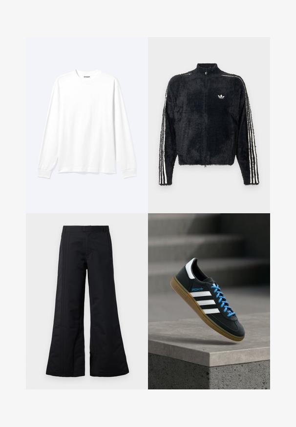 Chaqueta negra y peluda con alto cuello, cremallera completa y acentos en blanco con tres rayas en las mangas. Presenta un pequeño logo en el pecho.; Camisa blanca lisa de manga larga con cuello redondo y puños acanalados, mostrada sobre un fondo claro y neutro.; Pantalones de pierna ancha negros, hechos de un tejido suave, con pliegues frontales y una cinturilla. Diseño limpio sin patrones ni acentos visibles.; Zapatilla negra Adidas con franjas blancas, cordones azules y suela de goma flotando sobre un escalón de hormigón gris con luz suave.