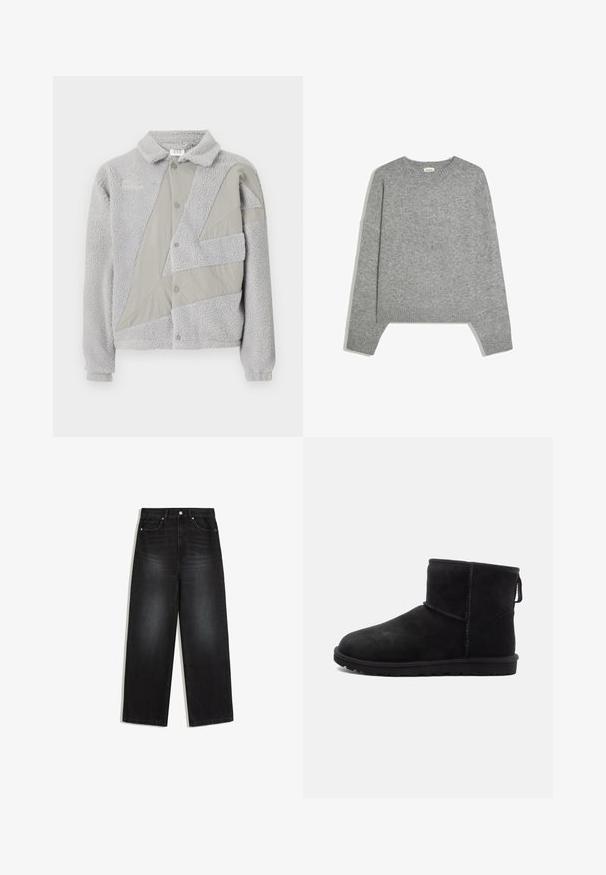 Umbro ACKET - Fleecejas - harbor mist/ultimate gray; Effen lichtgrijze gebreide trui met lange mouwen, geribde manchetten, zoom en ronde hals, plat gelegd op een witte achtergrond.; Zwarte jeans met hoge taille en rechte pijpen, met voorzakken, knoopsluiting en subtiele vervaagde details op dijen en knieën.; Zwarte suède enkellaarsjes met ronde neus, minimale stikdetails, een lusje om aan te trekken en een gestructureerde rubberen zool. Ontworpen voor warmte en comfort.