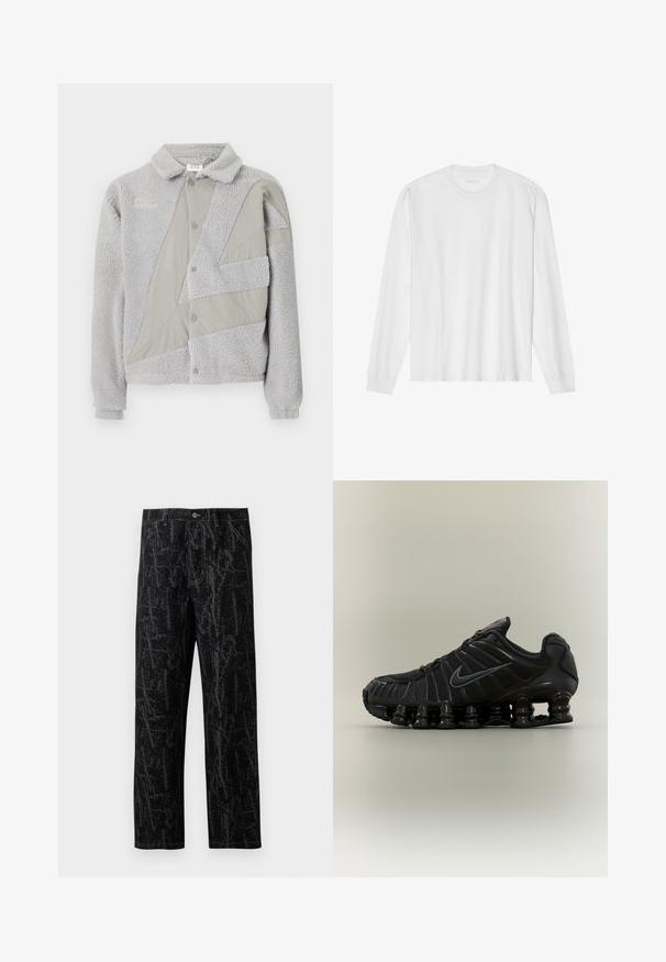 Umbro ACKET - Veste polaire - harbor mist/ultimate gray; T-shirt blanc en coton à manches longues avec col rond, doté de poignets côtelés et d'un ourlet droit, texture lisse et design minimaliste.; Pantalon noir avec un motif abstrait texturé en gris foncé, doté d'une coupe droite, de poches standard et de garnitures métalliques à la taille.; Chaussure de course noire Nike avec semelle segmentée semblable à un ressort, dessus en mesh et logo Swoosh noir assorti sur le côté.