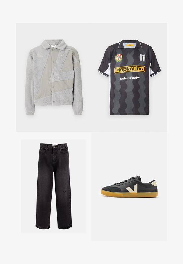 Umbro ACKET - Fleecejakke - harbor mist/ultimate gray; Sort og grå bølget kortærmet fodboldtrøje med hvide sidepaneler, Replay Inc-logo, nummer 11 og klubmærke på brystet.; Sorte denim jeans med bred benpasform, der har fem lommer, en syet talje og en diskret logodetalje nær knæet.; Sorte sneakers med en glat læderoverdel, hvidt "V" logo og accenter, snørebåndsdesign og en gummirubber sål. Lave toppe, minimalistisk design.