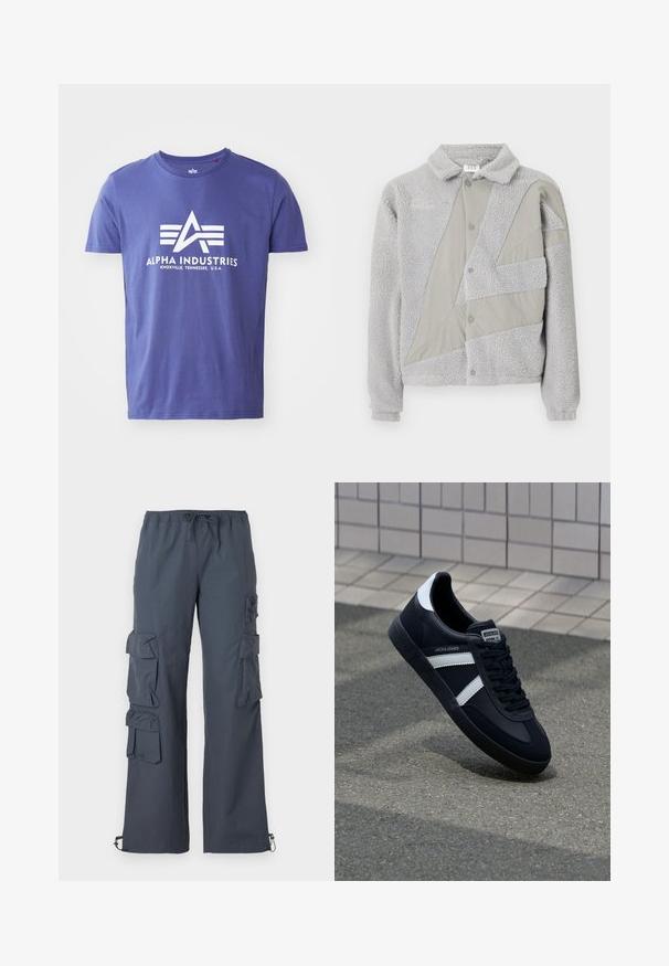 Umbro ACKET - Fleecejakke - harbor mist/ultimate gray; Lilla bomulds T-shirt med korte ærmer, der har et hvidt logo, som inkluderer "ALPHA INDUSTRIES" og et geometrisk design.; Mørkegrå cargo bukser med elastisk talje, flere store lommer på siderne og justerbare manchetter ved anklerne.; Sort lædersneaker med hvide striber, tekstureret gummisål og snørrebånd foran. Har et brandet mærke på tungen.