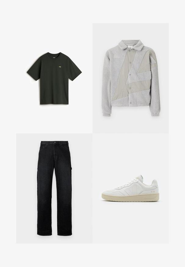 Umbro ACKET - Fleecejakke - harbor mist/ultimate gray; Vans T-shirts basic - dark green; Sorte denim jeans med lige ben, der har frontlommer, knaplukning og sidelommer til ekstra opbevaring.; Hvide lædersneakers med struktureret overflade og polstret krave. Har en beige gummisål og diskret branding på hælen og siden.