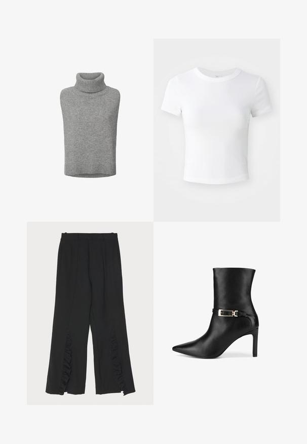 Grå ærmeløs rullekrave sweater, lavet af blødt strikket stof, har en ribbet krave og kant, med en afslappet pasform og glat tekstur.; Simpel hvid kortærmet cropped t-shirt med rund halsudskæring, præsenteret på en neutral lys baggrund.; Sorte bukser med bred ben-design, der har flæseaccentuer ved sidesømmen og en flad talje. Glat stofstruktur, skræddersyet snit.; Sort læderankelstøvle med spids tå, slank høj hæl og en guldbøjle som accent på en sort rem rundt om anklen.