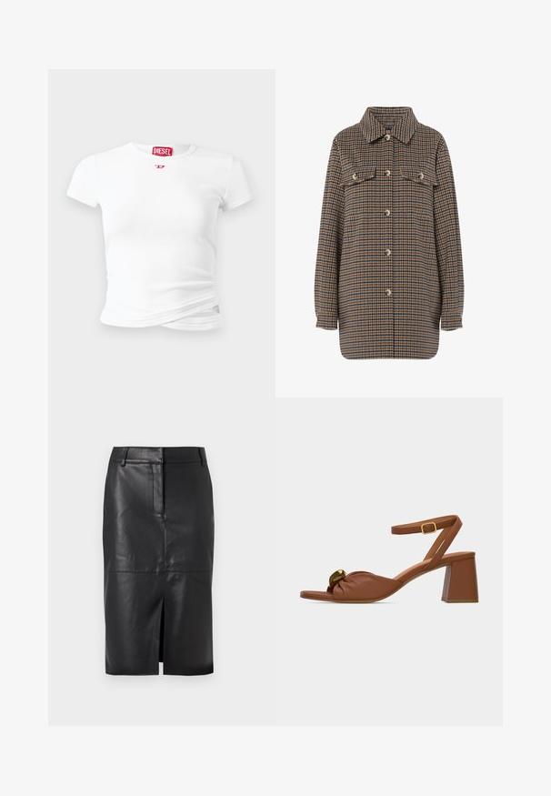 Manteau à manches longues marron et bleu à motif pied-de-poule, avec fermeture boutonnée sur le devant et poches à rabat sur la poitrine.; T-shirt blanc à manches courtes en tissu côtelé, mettant en avant un petit logo rouge Diesel sur la poitrine et un détail torsadé près de l'ourlet.; Jupe crayon en cuir noir avec une fente avant, présentant une texture lisse, deux poches latérales et une silhouette ajustée.; Sandale à bout ouvert en cuir marron avec bride à la cheville, boucle dorée, détail noué à l'avant et talon carré sur un fond clair uni.