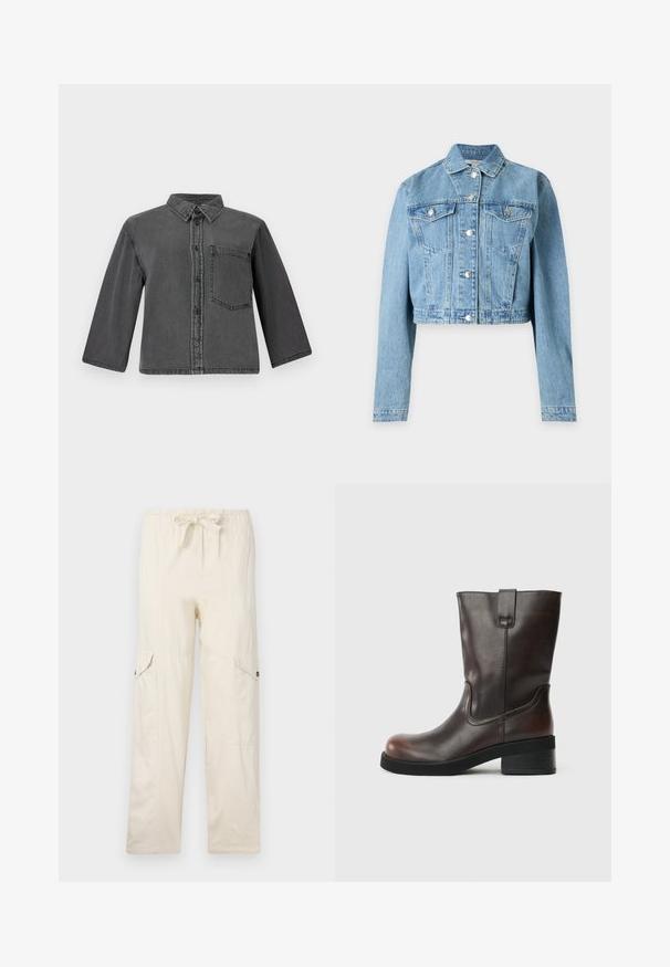 Hellblaue kurz geschnittene Jeansjacke mit langen Ärmeln, Knopfleiste vorne und zwei aufgesetzten Brusttaschen mit Knöpfen.; Graue Denim-Shirt mit durchgehendem Knopfverschluss, spitzem Kragen und einer einzelnen Brusttasche. Hat lange Ärmel und einen lockeren Schnitt.; Beige Cargo-Hosen mit einem Kordelzugbund, ausgestattet mit zwei Seitentaschen und genähten Details. Aus leichtem Baumwollmaterial hergestellt.; Braune Leder-Ankle-Boots mit runder Zehenform, mittelhohem Blockabsatz und dezenten Steppdetails. Verfügt über eine seitliche Zuglasche für ein einfaches An- und Ausziehen.