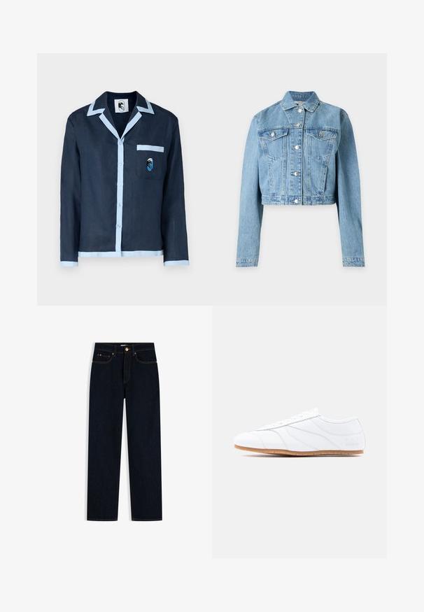 Lyseblå cropped denimjakke med lange ærmer, knappelukning foran og to brystlommer med knapper.; Marineblå linned skjorte med lyseblå krave og lommekanter. Har en brystlomme med en broderet design. Knaplukning foran.; Mørkeblå, lige jeans med fem lommer, bæltestropper og knaplukning i taljen.; Hvid lavtstående sneaker med snøresystem, glat læderoverdel, diskrete syninger og lysbrun gummisål.