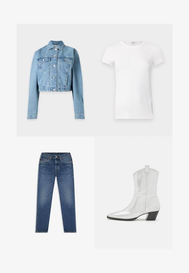 Veste en jean bleu clair raccourcie, manches longues, fermeture à boutons sur le devant et deux poches poitrine à boutons.; T-shirt à manches courtes blanc côtelé avec un col rond. Le tissu semble lisse avec une silhouette ajustée. Étiquette de marque visible au niveau du col.; Jean en denim bleu avec une coupe droite, présentant un système de fermeture à bouton et à glissière, cinq poches et un léger effet délavé.; Castañer DIMBA - Bottines de cowboy / motard - plata