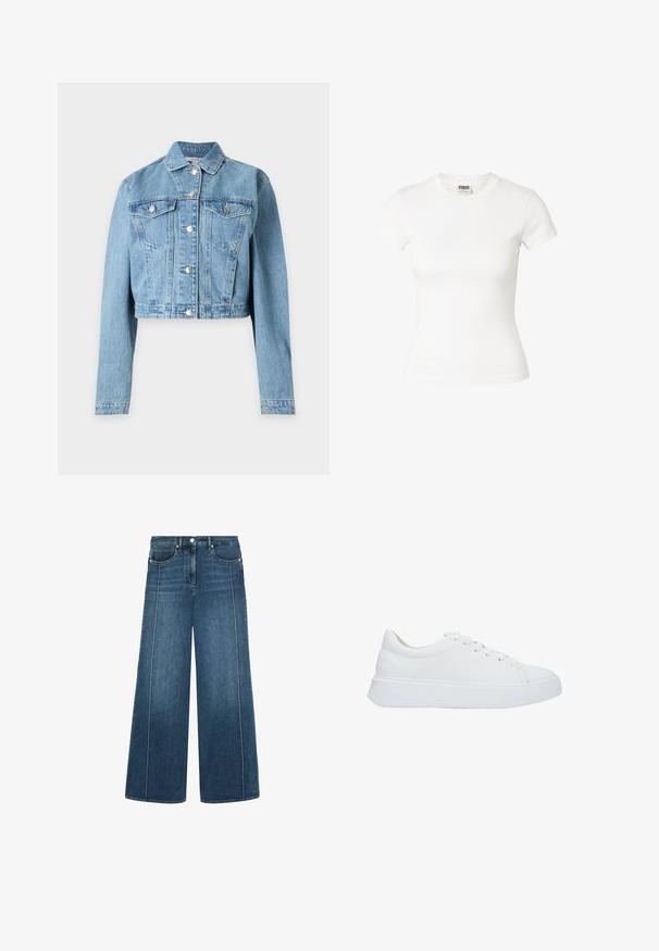 Lichtblauw cropped spijkerjack met lange mouwen, knoopsluiting aan de voorkant en twee borstzakken met knopen.; Getailleerd wit T-shirt met korte mouwen en ronde hals met Urban Classics-label aan de binnenkant van de hals.; Wijde denim jeans in donkerblauw met contrasterende witte stiksels, vijf-pocketontwerp en een knoopsluiting in de taille.; Witte leren sneakers met een ronde neus, platte veters en een dikke rubberen zool. Gladde textuur met minimale stikseldetails.