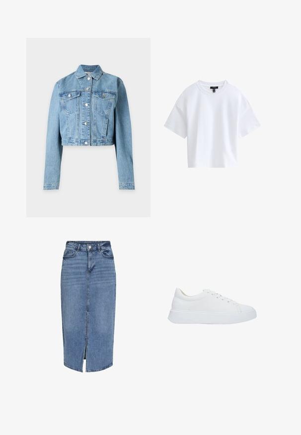Hellblaue kurz geschnittene Jeansjacke mit langen Ärmeln, Knopfleiste vorne und zwei aufgesetzten Brusttaschen mit Knöpfen.; Schlichtes weißes kurzärmeliges Cropped-T-Shirt mit rundem Ausschnitt und schwarzem Markenlabel innen im Kragen.; Denim-Midikleid in Hellblau mit einem Schlitz vorne, fünf Taschen, Gürtelschlaufen und einem Knopfverschluss an der Taille. Klassische Passform und Textur.; Weiße Leder-Sneaker mit runder Zehenpartie, flachen Schnürsenkeln und einer dicken Gummisohle. Glatte Oberfläche mit minimalen Nähdetails.