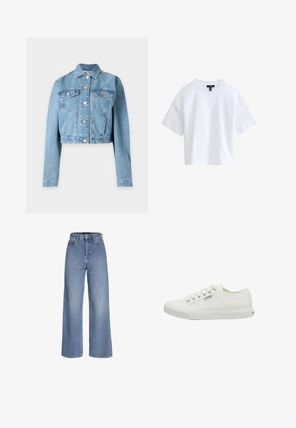 Lichtblauw cropped spijkerjack met lange mouwen, knoopsluiting aan de voorkant en twee borstzakken met knopen.; Effen witte cropped T-shirt met korte mouwen, een ronde hals en een zwart merkembleem aan de binnenkant van de kraag.; Lichtblauwe denim jeans met hoge taille, brede pijpen, voor knoop- en ritssluiting en een ontwerp met vijf zakken.; Witte canvas sneakers met ronde neus, zes veters, textuur zijpanelen en rubberen zool. Klein merkje aan de zijkant.