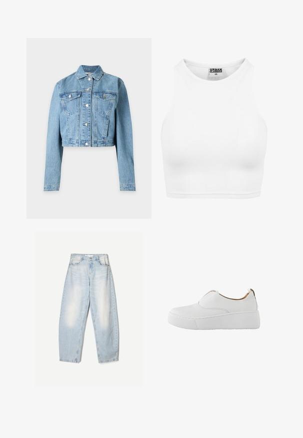 Lyseblå cropped denimjakke med lange ærmer, knappelukning foran og to brystlommer med knapper.; Hvid ribbet cropped tanktop med høj halsudskæring og "Urban Classics XS" label inde i kraven.; Lyseblå denimbukser med en loose fit, der har en falmet finish, to forlommer og en knaplukning i taljen.; Hvid slip-on sneaker med tyk platformsål og rundet tå, designet til afslappet brug.