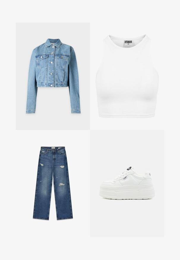 Veste en jean bleu clair raccourcie, manches longues, fermeture à boutons sur le devant et deux poches poitrine à boutons.; Débardeur court blanc côtelé avec col montant et étiquette "Urban Classics XS" à l'intérieur du col.; Jean bleu à jambes larges en denim avec des zones décolorées et des patches usés visibles. Coutures apparentes surpiquées et fermeture éclair.; Baskets plateforme blanches avec un extérieur synthétique lisse, un bout arrondi, un col rembourré et une semelle texturée. Présente une étiquette logo contrastante.
