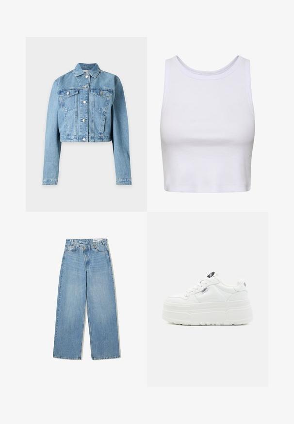 Veste en jean bleu clair raccourcie, manches longues, fermeture à boutons sur le devant et deux poches poitrine à boutons.; Crop-top blanc en tissu ribbé, doté d'un col rond et d'une coupe sans manches avec une silhouette ajustée. Pas de motifs ni d'accents.; Jean large bleu clair en denim, avec taille haute, cinq poches, fermeture à bouton et un léger délavage pour la texture.; Baskets plateforme blanches avec un extérieur synthétique lisse, un bout arrondi, un col rembourré et une semelle texturée. Présente une étiquette logo contrastante.