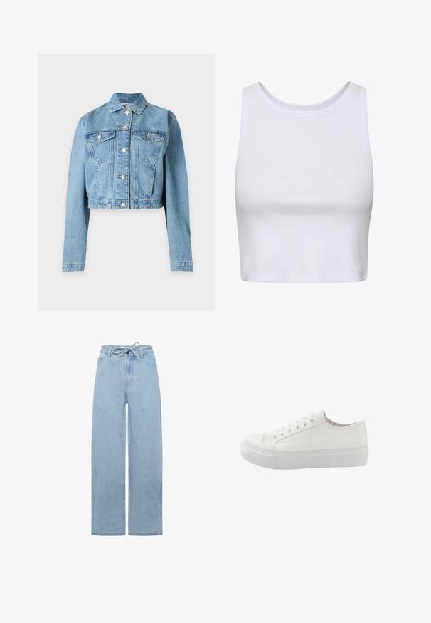 Lichtblauw cropped spijkerjack met lange mouwen, knoopsluiting aan de voorkant en twee borstzakken met knopen.; Witte crop top gemaakt van ribbelstof, met een ronde halslijn en een mouwloos ontwerp met een aansluitende pasvorm. Geen patronen of accenten.; Lichtblauwe wijdvallende jeans gemaakt van denim, met een drawstring taille en een standaard vijfzakken ontwerp. De stof heeft een soepel textuur.; Witte lage sneaker met veters aan de voorkant, dikke rubberen zool en minimale stikdetails, gezien vanaf de buitenkant.
