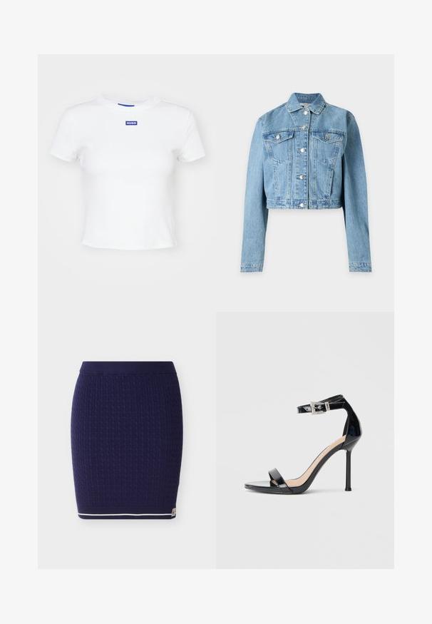 Lyseblå cropped denimjakke med lange ærmer, knappelukning foran og to brystlommer med knapper.; Hvid bomulds t-shirt med korte ærmer, rund halsudskæring og et blåt rektangulært logo-patch med teksten "HUGO" midt foran.; Marineblå strikket nederdel med et tekstureret kabelmønster. Har en ribbet talje og en hvid stribe langs nederste kant.; Sort højhælet sandal i laklæder med ankelrem. Har minimalistisk design, åben tå og spænde med rhinsten-detaljer.