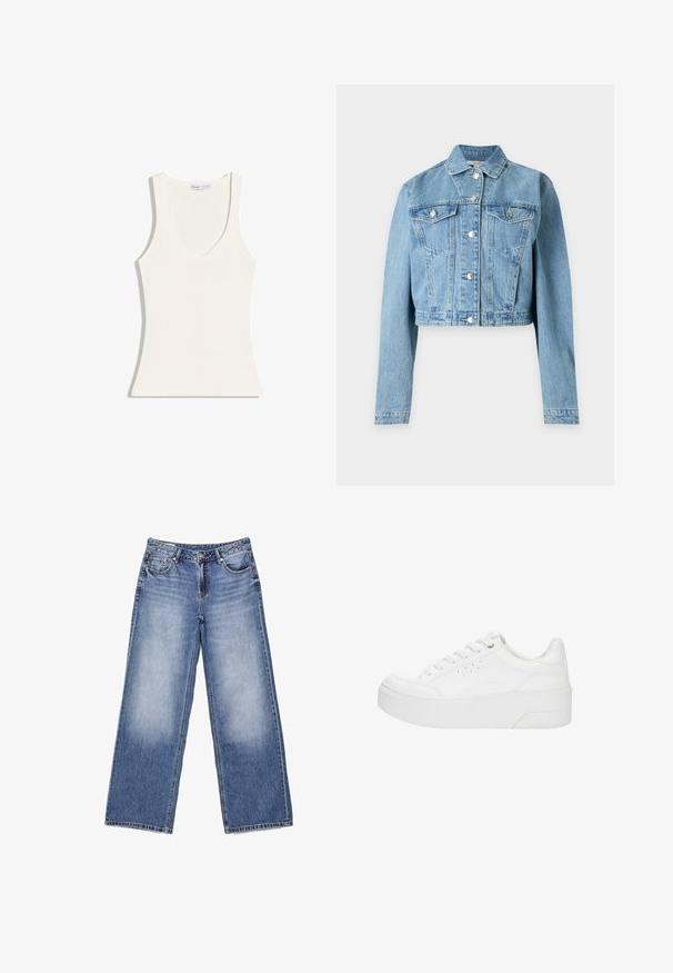 Veste en jean bleu clair raccourcie, manches longues, fermeture à boutons sur le devant et deux poches poitrine à boutons.; Débardeur blanc côtelé sans manches avec un décolleté profond, une silhouette ajustée et des fines bretelles.; Jeans en denim bleu clair à jambes larges avec poches avant, passants pour ceinture, fermeture par bouton et légère décoloration sur les cuisses avant.; Baskets à plateforme blanches avec lacets à l'avant, détails perforés sur le côté et semelle épaisse, vues de profil extérieur sur un fond blanc.
