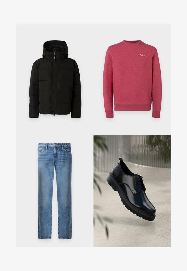 Schwarze Puffjacke mit Kapuze, ausgestattet mit einem Frontreißverschluss, elastischen Kordelzügen und gestepptem Design für Isolierung. Glatte Textur.; Rote Sweatshirt aus strukturiertem Stoff, mit Rundhalsausschnitt, gerippten Bündchen und Saum. Kleines weißes Logo auf der Brust.; Helle blaue Denim-Jeans im geraden Schnitt, fünf Taschen, Verschluss mit Metallknopf, verblasste Textur mit leichten Abnutzungsspuren an der Vorderseite.; Schwarzer Lederschuh mit glänzender Oberfläche, runder Spitze, Schnürdesign, kontrastierenden Nähten und einer dicken Gummisohle mit Profilmuster.