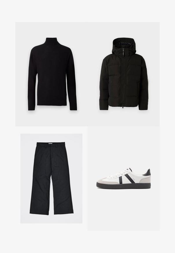 Doudoune noire avec capuche, dotée d'une fermeture éclair sur le devant, de cordons élastiques et d'un design matelassé pour l'isolation. Texture lisse.; Pull noir en maille à col roulé avec manches longues, poignets, ourlet et col côtelés, présenté sur un fond gris clair.; Pantalon large gris foncé en tissu texturé, avec deux poches avant et passants pour ceinture. L'étiquette indique "United Loneliness".; Baskets blanches avec des accents noirs et gris, présentant un embout texturé gris, une semelle en caoutchouc noir et des lacets plats blancs. Design épuré, style minimaliste.