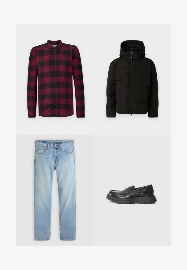 Doudoune noire avec capuche, dotée d'une fermeture éclair sur le devant, de cordons élastiques et d'un design matelassé pour l'isolation. Texture lisse.; Chemise à manches longues avec un motif à carreaux rouge et noir, col classique et poignets ajustés.; Jean bleu clair à jambes droites avec cinq poches, fermeture par bouton, et coutures visibles sur un fond uni.; Chaussure noire en cuir à enfiler avec un design mocassin, embout arrondi, semelle en caoutchouc épaisse et subtil détail de couture sur la partie supérieure.
