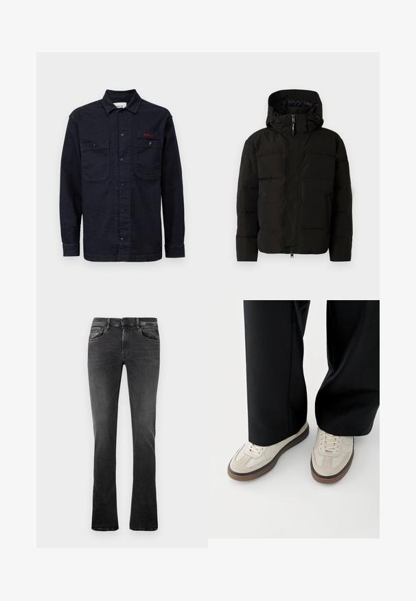 Chaqueta acolchada negra con capucha, que incluye un cierre frontal, cordones elásticos y un diseño acolchado para aislamiento. Textura suave.; Camisa de mezclilla azul oscuro con mangas largas, cierre frontal de botones, dos bolsillos en el pecho y un pequeño logo rojo "REPLAY" en el bolsillo izquierdo.; Jeans de mezclilla negra con corte recto, cinco bolsillos, costuras contrastantes y un sutil efecto de deslavado en la parte delantera. Cuenta con cierre de botón y cremallera.; Pies con zapatillas beige con suelas marrones y pantalones negros de pierna ancha sobre un fondo blanco.