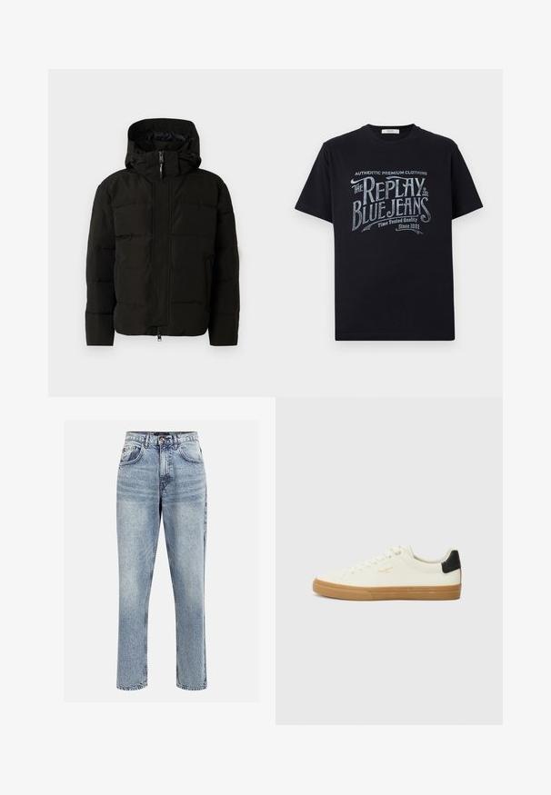 Chaqueta acolchada negra con capucha, que incluye un cierre frontal, cordones elásticos y un diseño acolchado para aislamiento. Textura suave.; Camiseta de algodón negra de manga corta y cuello redondo, con un diseño gráfico de texto en estilo vintage en blanco y azul claro en la parte frontal.; Jeans de mezclilla de tiro alto en azul claro con un corte recto, cinco bolsillos y cierre de botón. Presentan un desgastado sutil y detalles de costura.; Zapatilla de lona blanca con suela de goma, acento negro en el talón, punta redonda y diseño con cordones. Presenta el logo de la marca en dorado en el lateral.
