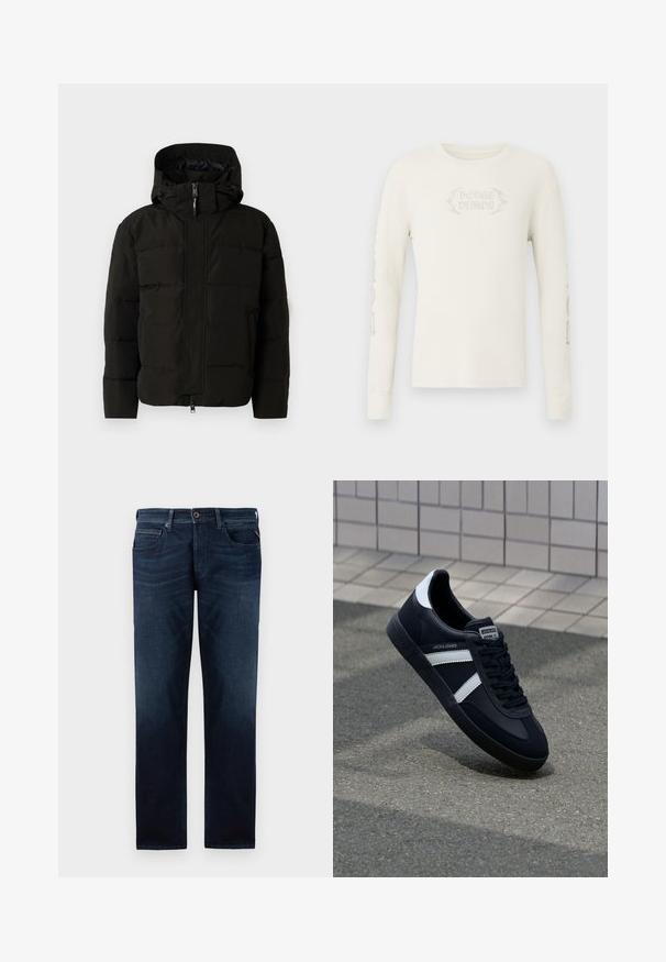 Sort dunjakke med hætte, der har en frontlynlås, elastiske snore og quiltet design til isolering. Glat tekstur.; Langærmet cremefarvet ribstrikket T-shirt med "DODGE DEMON" broderet på forsiden og grafik trykt på højre ærme. Blød tekstur.; Mørkeblå denimjeans med lige ben-design, fem-lomme stil og en synlig knaplukning i livet. Glat tekstur.; Sort lædersneaker med hvide striber, tekstureret gummisål og snørrebånd foran. Har et brandet mærke på tungen.