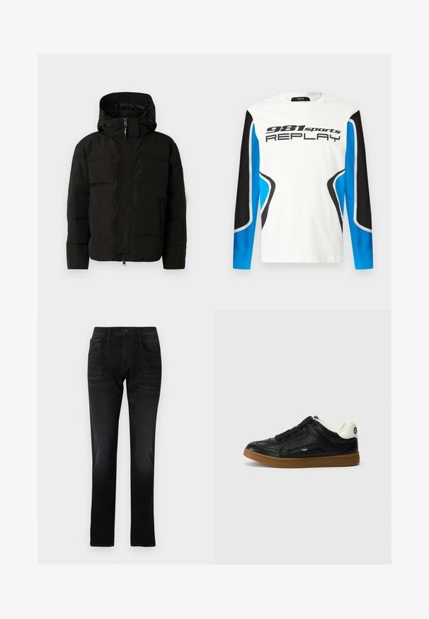 Schwarze Puffjacke mit Kapuze, ausgestattet mit einem Frontreißverschluss, elastischen Kordelzügen und gestepptem Design für Isolierung. Glatte Textur.; Langarm-Sportshirt mit weißer Vorderseite, schwarzen und blauen Ärmeln und dem Aufdruck "981 sports REPLAY" auf der Brust.; Schwarze Jeans aus Denim mit geradem Schnitt, Fronttaschen und einem einzelnen Knopfverschluss. Verfügt über subtile Verblassungen und Näh-Details.; Schwarze Ledersneaker mit strukturiertem Obermaterial, runder Zehenpartie und schwarzen Schnürsenkeln. Verfügt über einen weißen Akzent an der Ferse und eine braune Gummisohle.