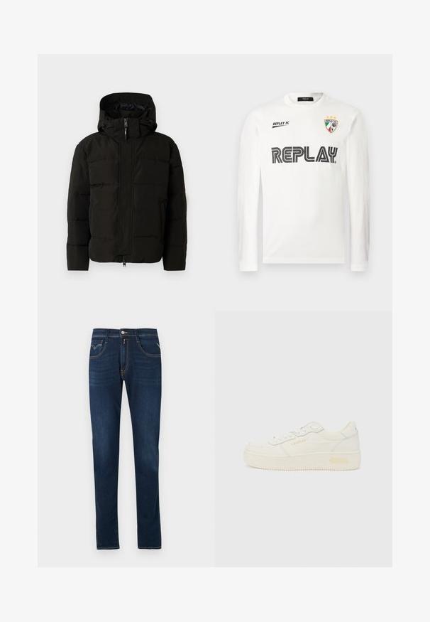 Doudoune noire avec capuche, dotée d'une fermeture éclair sur le devant, de cordons élastiques et d'un design matelassé pour l'isolation. Texture lisse.; Chemise blanche à manches longues avec le texte noir "REPLAY" sur la poitrine, petit texte "REPLAY FC" en haut à gauche, et un emblème en trois couleurs avec trois étoiles en haut à droite.; Jean en denim bleu foncé avec une coupe droite, doté de coutures contrastantes, d'une fermeture à boutons à l'avant et d'un design à cinq poches.; Baskets basses blanches avec lacets à l’avant, semelle épaisse et marquage subtil "REPLAY" sur le côté et le talon, vues de profil.
