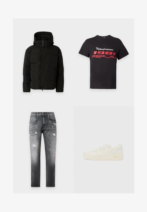 Sort dunjakke med hætte, der har en frontlynlås, elastiske snore og quiltet design til isolering. Glat tekstur.; Sort bomulds T-shirt med et rødt grafisk print med teksten "Highperformance 1981 REPLAY." Kortærmet og med rund halsudskæring.; Falmede sorte denimjeans med slidte lapper. Har fem lommer, en knaplukning og en lige ben-design.; Lavtop hvid sneaker med snørelukning foran, tyk sål og diskret "REPLAY" branding på siden og hælen, vist i profil.