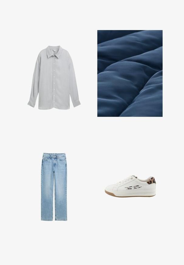 Primer plano de tela acolchada azul oscuro suave con costuras redondeadas y suaves que crean secciones acolchadas y elevadas.; Camisa de botón de manga larga gris con cuello, hecha de una tela ligera y con una textura sutil y botones blancos.; Jeans de mezclilla rectos de color azul claro con botón frontal y diseño de cinco bolsillos, exhibidos sobre un fondo blanco.; Zapatillas blancas con un talón de leopardo texturizado y con estampado, que cuenta con un logo de firma bordado y una suela de goma.