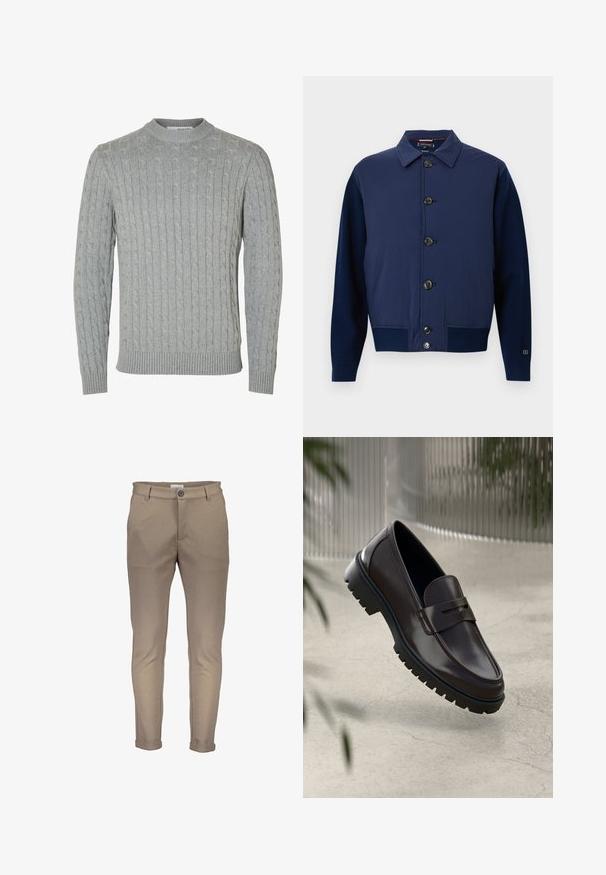 Chaqueta azul marino con cuello, cierre frontal de botones y diferentes texturas de tela en las mangas y el cuerpo, con bolsillos laterales.; Suéter de punto gris claro con diseño de cable, cuello redondo y puños y dobladillo acanalados. Hecho de tela suave y texturizada.; Pantalones de mezcla de algodón beige con un ajuste entallado, que cuentan con cierre de botón, trabillas para cinturón y puños doblados. Textura suave con costuras limpias.; Mocasines de cuero marrón con una suela de goma texturizada y estriada. Presentan un diseño elegante y una correa decorativa sobre el empeine.