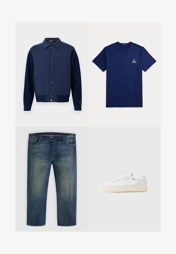 Mørkeblå jakke med krave, knappelukning foran og forskellige stofstrukturer på ærmerne og kroppen, med sidelommer.; Marineblå t-shirt med korte ærmer og rund halsudskæring med lille hvid Polo Ralph Lauren-logo på venstre bryst.; Blå denimjeans med knaplukning, klassisk fem-lomme design og falmede detaljer på lår og knæ.; Hvid sneakers med en øvre del i tekstureret ruskind og læder. Har rundet tå, snørelukning og kontrasterende beige gummisål.