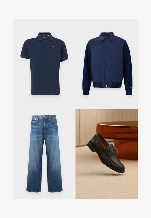 Veste bleu marine avec un col, fermeture à boutons sur le devant, et différentes textures de tissu sur les manches et le corps, avec des poches latérales.; Polo shirt bleu marine en coton, avec une patte de boutonnage à deux boutons, des manches courtes et un petit logo sur la poitrine gauche. Tissu texturé.; Jean en denim bleu à jambes larges avec fermeture à bouton et fermeture éclair à l'avant, cinq poches, et un léger effet délavé subtil sur les cuisses.; Mocassin homme en cuir noir avec une bande sur le dessus, présenté sur un tapis beige près d'une table ronde moderne marron.