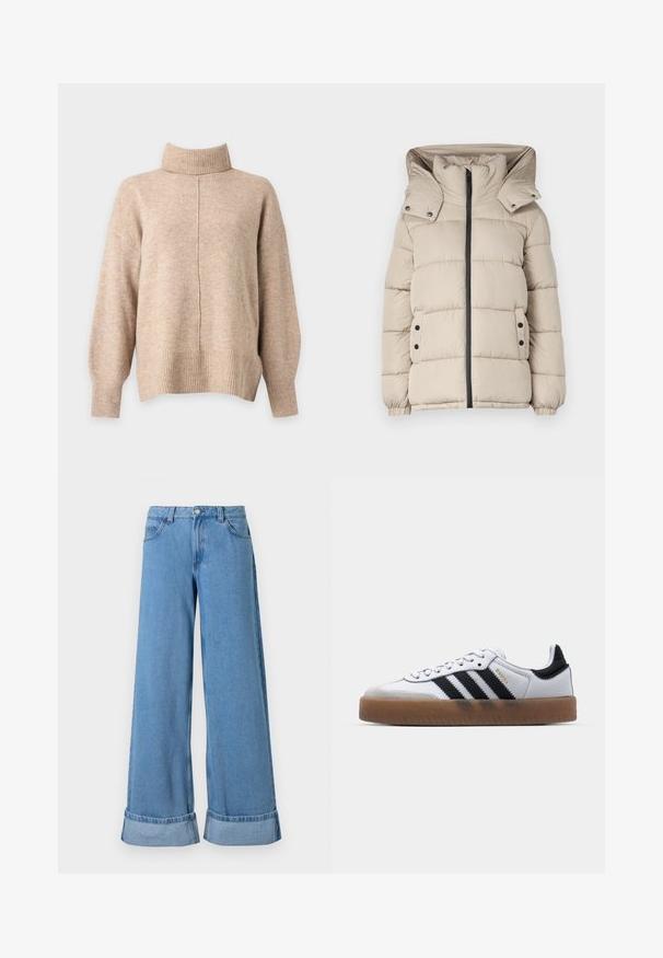 Beige pufferjakke med høj krave, frontlynlås og trykknaplommer. Stoffet er glat med quiltede sektioner.; Beige strikket rullekravesweater med lange ærmer, ribkantede ærmer, kant og en central lodret søm foran.; Lyseblå denim bukser med vide ben har høj talje, optrillede nederkanter, fem lommer og en knaplukning med lynlås.; Hvide lædersneakers med sorte striber, gummirubber sål, rund tå, snørelukning og blød grå ruskinds tåhætte.