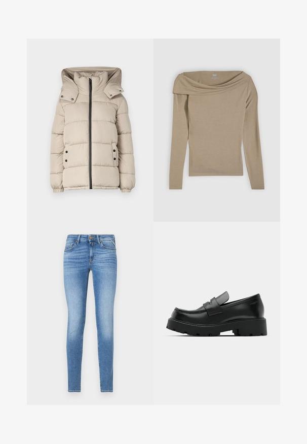 Beige Daunenjacke mit hohem Kragen, Frontreißverschluss und Druckknopftaschen. Der Stoff ist glatt und mit gesteppten Abschnitten.; Beiger Langarm-Oberteil mit schulterfreiem Design und glatter Textur. Hergestellt aus einem weichen, leichten Stoff.; Slim-Fit hellblaue Jeans im Denim-Stil mit mittelhohem Bund, vorderem Knopf und Fünf-Taschen-Design.; Schwarze Leder-Loafers mit einer chunky strukturierten Sohle, ausgestattet mit einem Riemen über dem Spann und einer glatten, polierten Oberfläche.