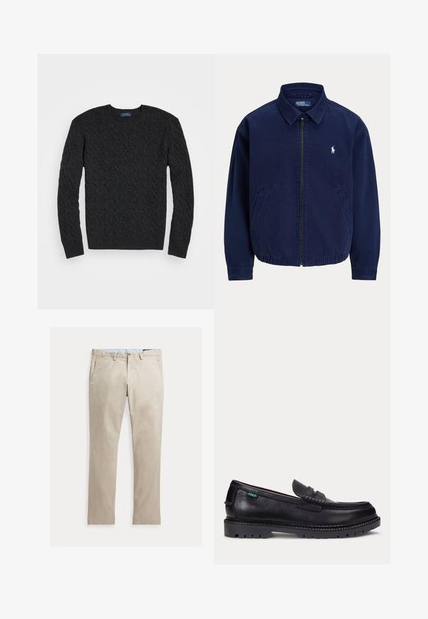 Marineblå lynlåstrøje med krave, to frontlommer og lille hvidt broderet logo på venstre bryst.; Mørkegrå kabelstrik sweater med lange ærmer, rund hals og ribbede manchetter og kant. Fremstillet af et struktureret stof for varme.; Beige bomuldsbukser med lige ben, forlommer, bæltestropper, knaplukning og lynlås, lagt fladt på en hvid baggrund.; Sort læderloafer med tyk, mønstret sål og lille grøn "Polo"-mærke på ydersiden nær hælen.