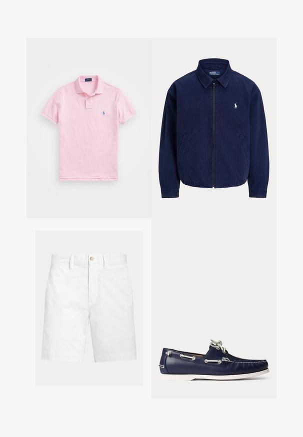Veste zippée bleu marine avec col, deux poches avant et petit logo blanc brodé sur la poitrine gauche.; Polo à manches courtes rose clair avec col boutonné et petit logo bleu brodé sur la poitrine gauche.; Short blanc jusqu'aux genoux avec passants de ceinture et fermeture par un bouton marron à la taille, présenté sur un fond uni.; Chaussure bateau en cuir bleu marine avec lacets et coutures blancs, dotée d'une semelle en caoutchouc blanche et d'œillets métalliques sur fond clair.
