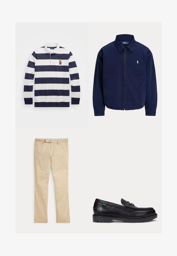 Donkerblauw jack met rits en kraag, twee voorzakken en klein wit geborduurd logo op de linkerborst.; Polo Ralph Lauren CLASSIC FIT POLO BEAR RUGBY SHIRT - Longsleeve - blu; Beige broek met rechte pijpen, ceintuurlussen en een voorrits, plat gelegd tegen een witte achtergrond.; Zwarte leren loafer met dikke geprofileerde zool en klein groen "Polo" label aan de buitenkant bij de hiel.