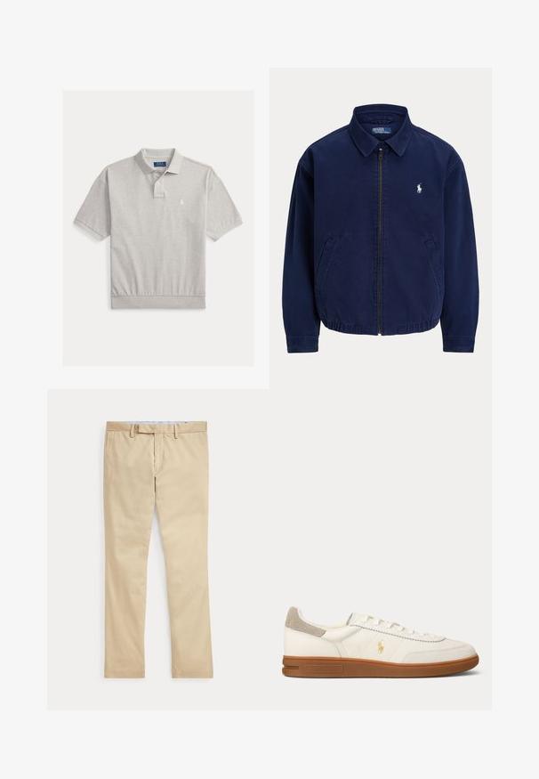 Chaqueta azul marino con cremallera y cuello, dos bolsillos delanteros y pequeño logo bordado en blanco en el pecho izquierdo.; Polo de manga corta gris claro con tapeta de dos botones, cuello y bajo acanalados, y pequeño logo bordado en blanco en el pecho izquierdo.; Pantalones beige de corte recto con trabillas para cinturón y cremallera frontal, colocados planos sobre un fondo blanco.; Zapatilla blanca de piel con corte bajo, suela de goma marrón, parche de ante beige en el talón y pequeño logo dorado de Polo en el lateral.