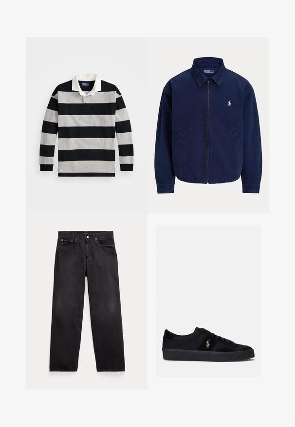 Marineblaue Jacke mit Reißverschluss und Kragen, zwei Fronttaschen und kleinem weißen, gestickten Logo auf der linken Brust.; Gestreiftes Polohemd mit langen Ärmeln in Schwarz und Grau, einem weißen Kragen und einem kleinen Logoakzent am unteren Saum. Weiches Baumwollmaterial.; Schwarze Jeans mit geradem Bein, fünf Taschen, Knopfverschluss und sichtbaren Metallnieten an den vorderen Taschen.; Schwarze Sneakers mit einem Obermaterial aus Stoff und Wildleder, runder Zehenpartie, flacher Gummisohle und gesticktem Logo an der Seite. Schnürdesign mit sechs Ösen.