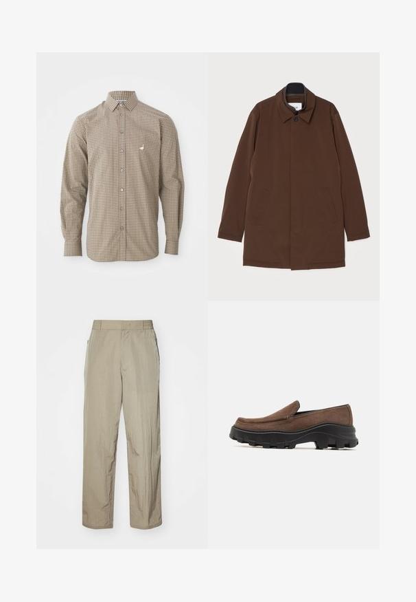 Manteau extérieur marron avec une coupe droite, col pointu, deux poches latérales et une fermeture à un seul bouton. Texture de tissu lisse.; Chemise à manches longues à carreaux marron et beige avec un col boutonné, une poche et un petit logo brodé sur la poitrine.; Pantalons légers beiges à coupe décontractée, dotés d'une taille élastique et de poches latérales. Le tissu semble texturé et légèrement froissé.; Chaussure slip-on en daim marron avec une semelle en caoutchouc noir épaisse dotée de motifs de traction audacieux et d'un design de bout arrondi et lisse.