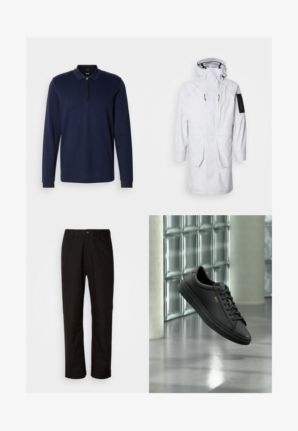 Biely vodotesný parkas s vysokým golierom, nastaviteľnou kapucňou, dvoma prednými vreckami a vreckom na zips na rukáve. Má elegantnú, hladkú tkaninu.; Námornícka dlhá polo košeľa s zipsovou golierom, textúrovaná tkanina a kontrastný tmavý okraj goliera. Má priliehavé manžety a jemný vzor.; Čierne bavlnené nohavice v rovnom strihu, s pútkami na opasok, predným zipsom a jedným zapínaním na gombík. Hladká textúra bez viditeľných vzorov.; Čierna nízka kožená teniska s čiernymi šnúrkami a zlatým logom BOSS na boku, vznášajúca sa nad lesklou sivou podlahou v modernom vnútornom priestore.