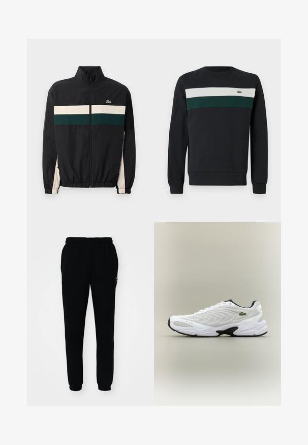 Zwarte jas met een hoge kraag, met groene en crème horizontale strepen. Het materiaal lijkt lichtgewicht; bevat elastische manchetten en een logo.; Donkere sweatshirt met een zwarte basis, voorzien van groene en witte horizontale strepen op de borst en een klein geborduurd logo aan de linkerkant.; Zwarte trainingsbroek met een elastische tailleband en boorden. Gemaakt van zachte stof, met een klein logo aan de linkerbovenkant.; Witte sportieve schoen met een textuur van gaas bovenwerk, gebogen ontwerp en contrasterende zwarte zool. Heeft een groen geborduurd logo aan de zijkant.