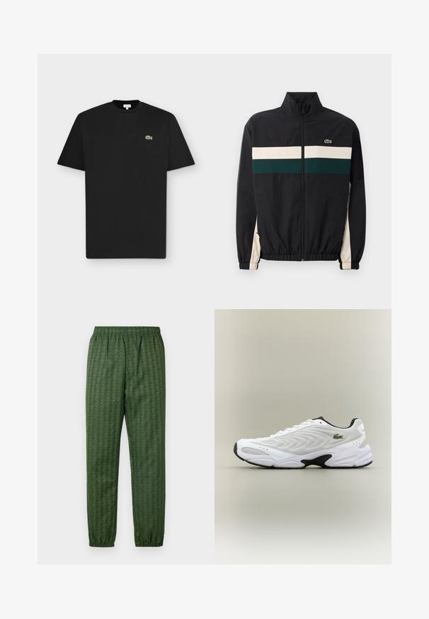 Veste noire avec un col montant, ornée de rayures horizontales vertes et crème. Le matériau semble léger ; comprend des poignets élastiques et un logo.; T-shirt noir à manches courtes avec col rond et petit logo crocodile vert sur le côté gauche de la poitrine sur fond gris clair.; Pantalons de sport verts à motif avec une taille élastique, jambes effilées et un design géométrique. Fabriqués en matériau léger.; Baskets de sport blanches avec un dessus en mesh texturé, un design courbé et une semelle noire contrastante. Présente un logo brodé vert sur le côté.